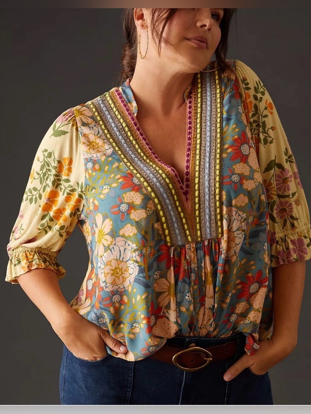 Bl^nk London x Anthropologie STEPHANIE medium Yellow Blue Floral V-Neck Top - Picture 2 of 13